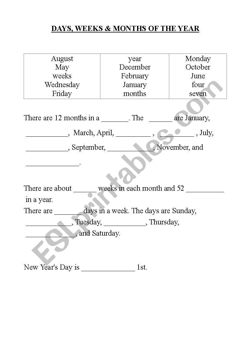 Days, Weeks & Months of the Year