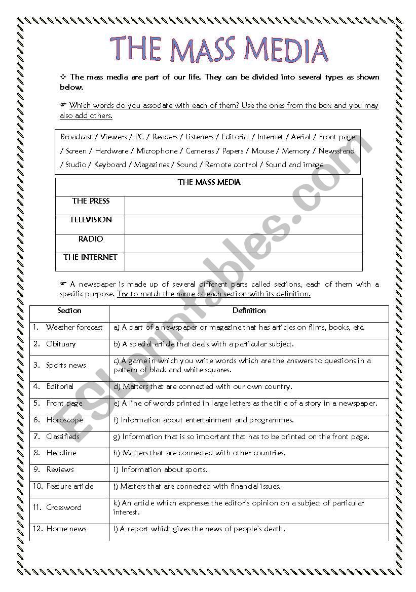 Mass Media - 10th grade worksheet