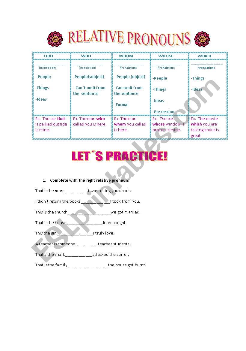 RELATIVE PRONOUNS- 2 PAGES worksheet