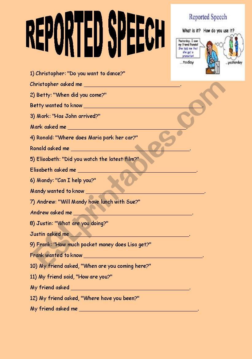 REPORTED SPEECH QUESTIONS worksheet