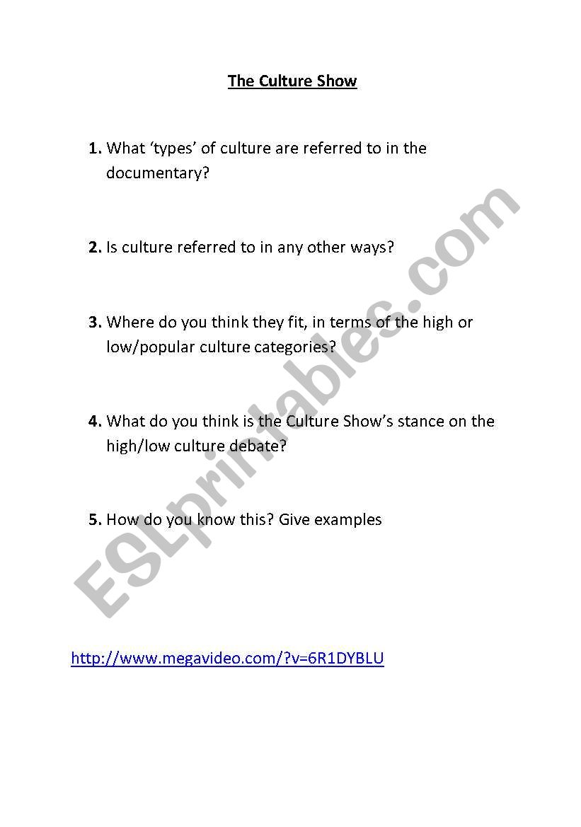 Questions on Culture worksheet
