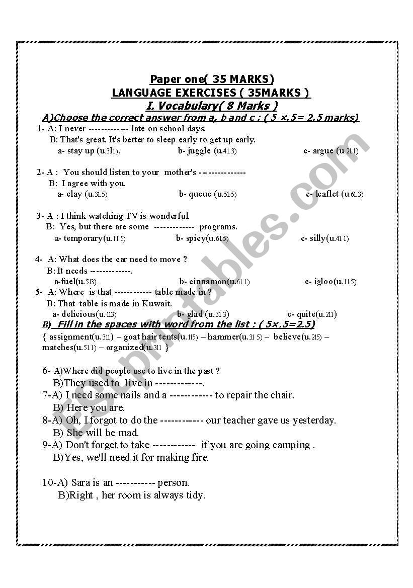 exercices for grade seven worksheet