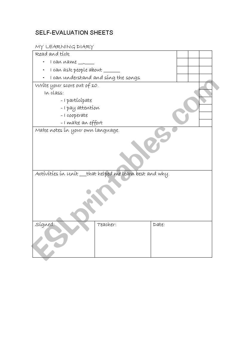 Self-evaluation sheets worksheet