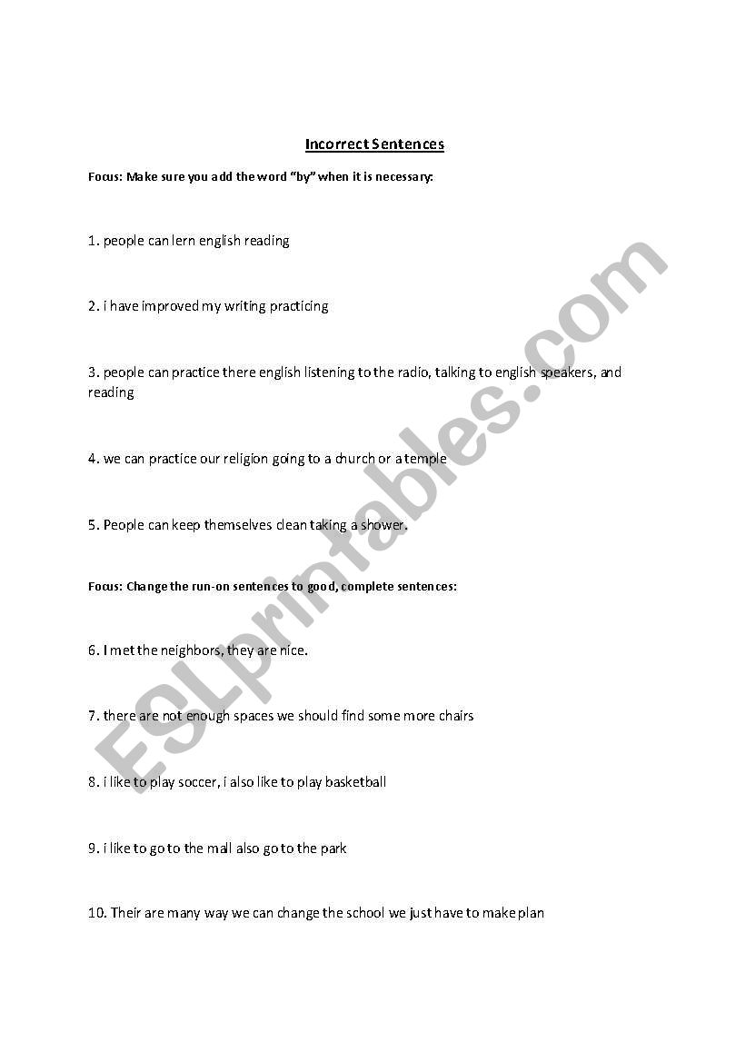 Incorrect Sentences  worksheet