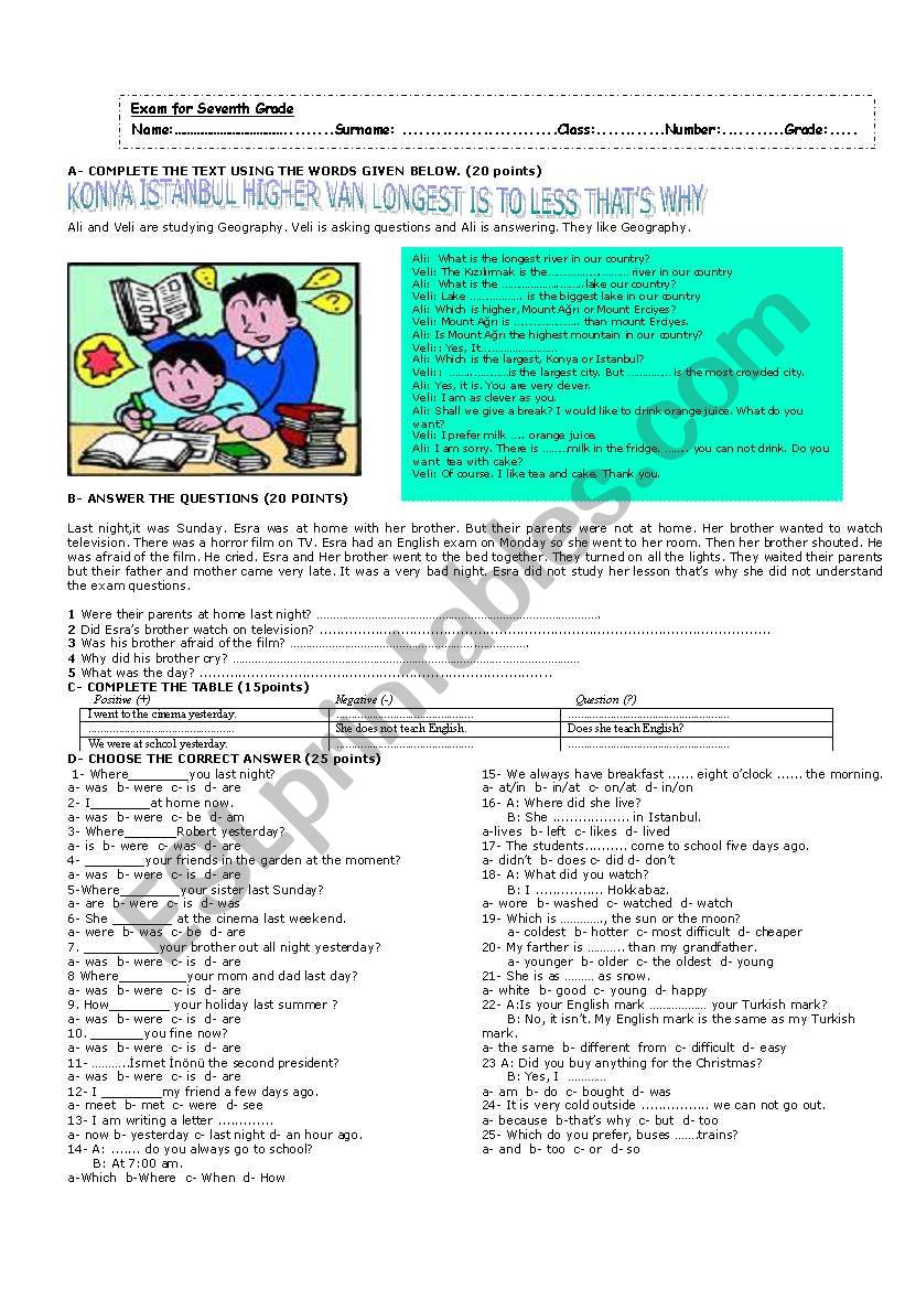 EXAM FOR SEVENTH GRADES worksheet