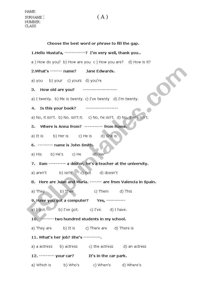 exam worksheet