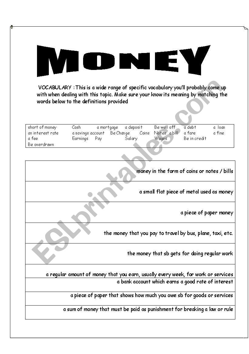 Vocabulary: MONEY  worksheet