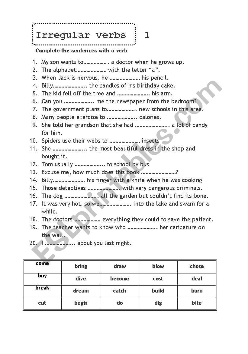 Irregular verbs 1 worksheet