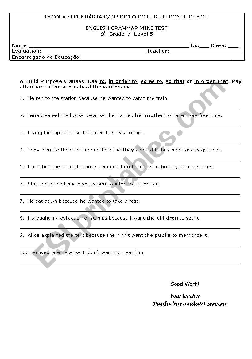 Purpose Clauses worksheet