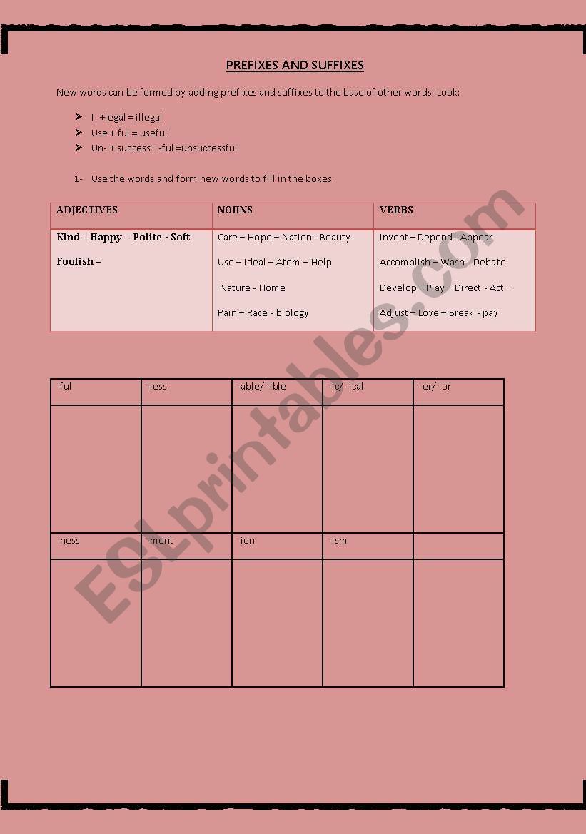 Prefixes and suffixes worksheet