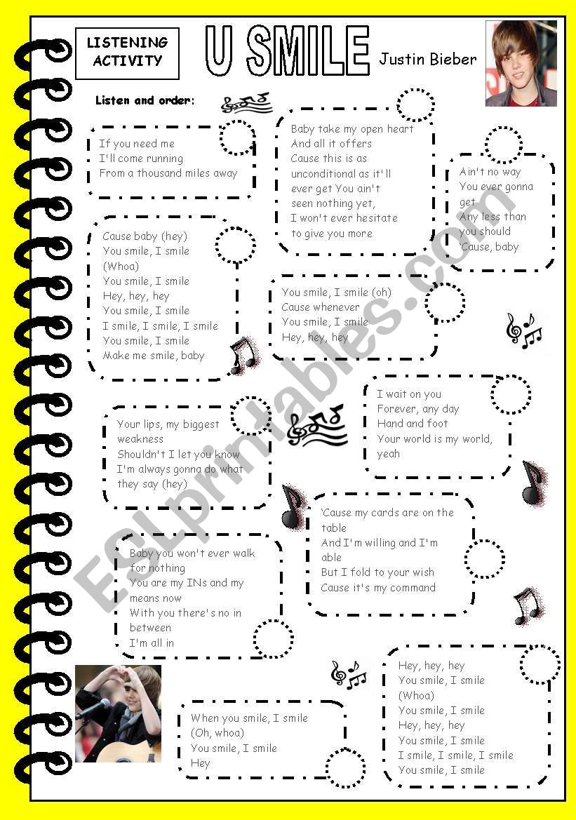 U SMILE, by Justin Bieber worksheet