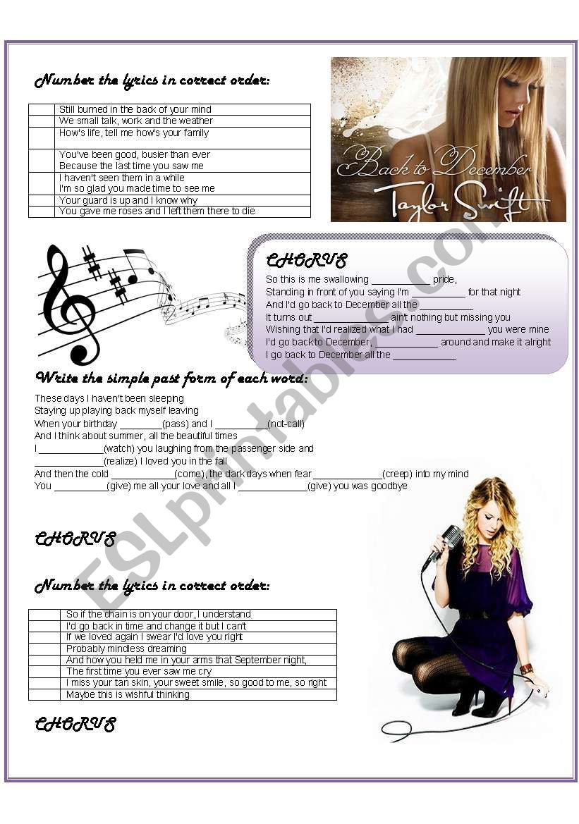 Back To December By Taylor Swift Esl Worksheet By Swanhime