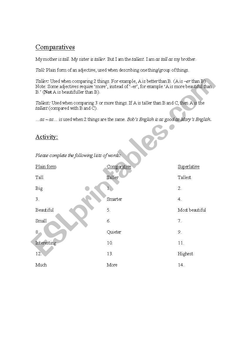 Realistic Comparatives worksheet