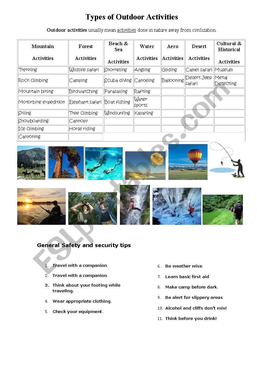 OUTDOOR ACTIVITIES worksheet