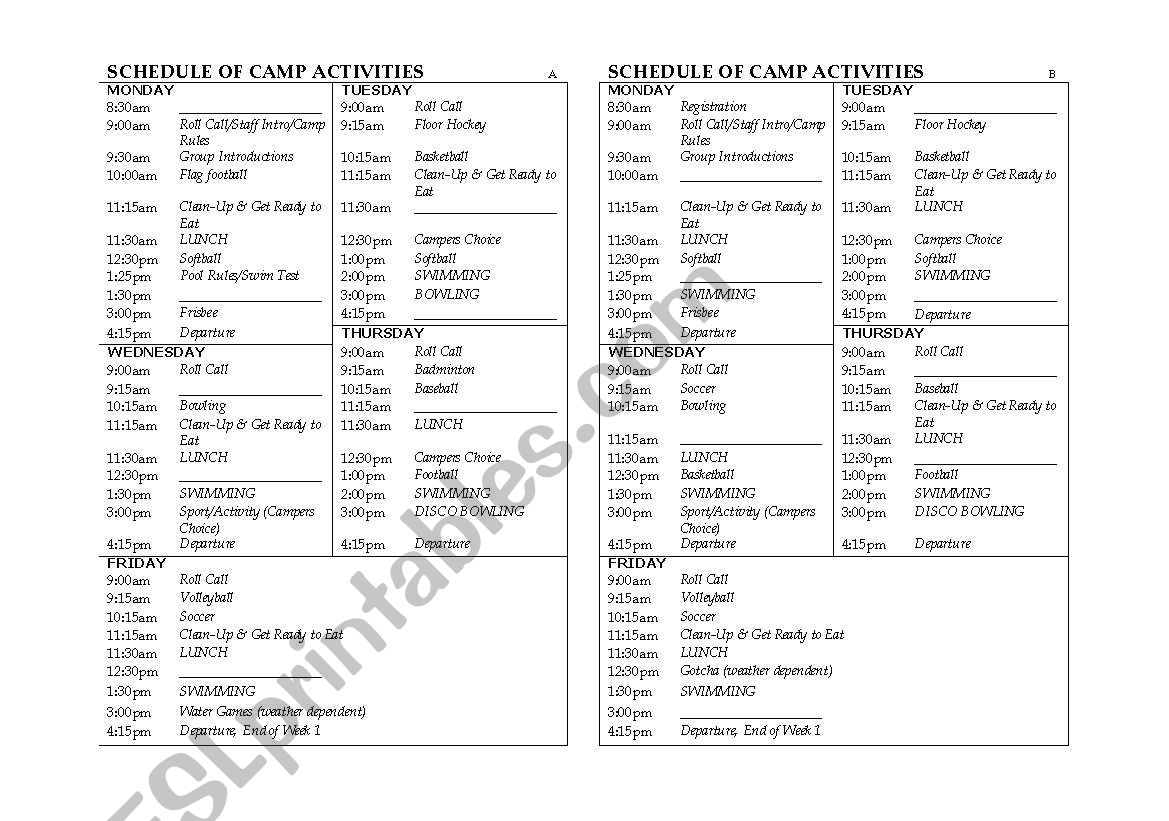 Summer Camp Schedule worksheet