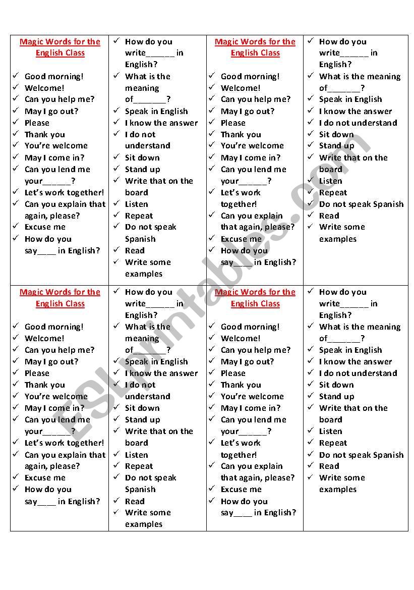 Classroom language worksheet