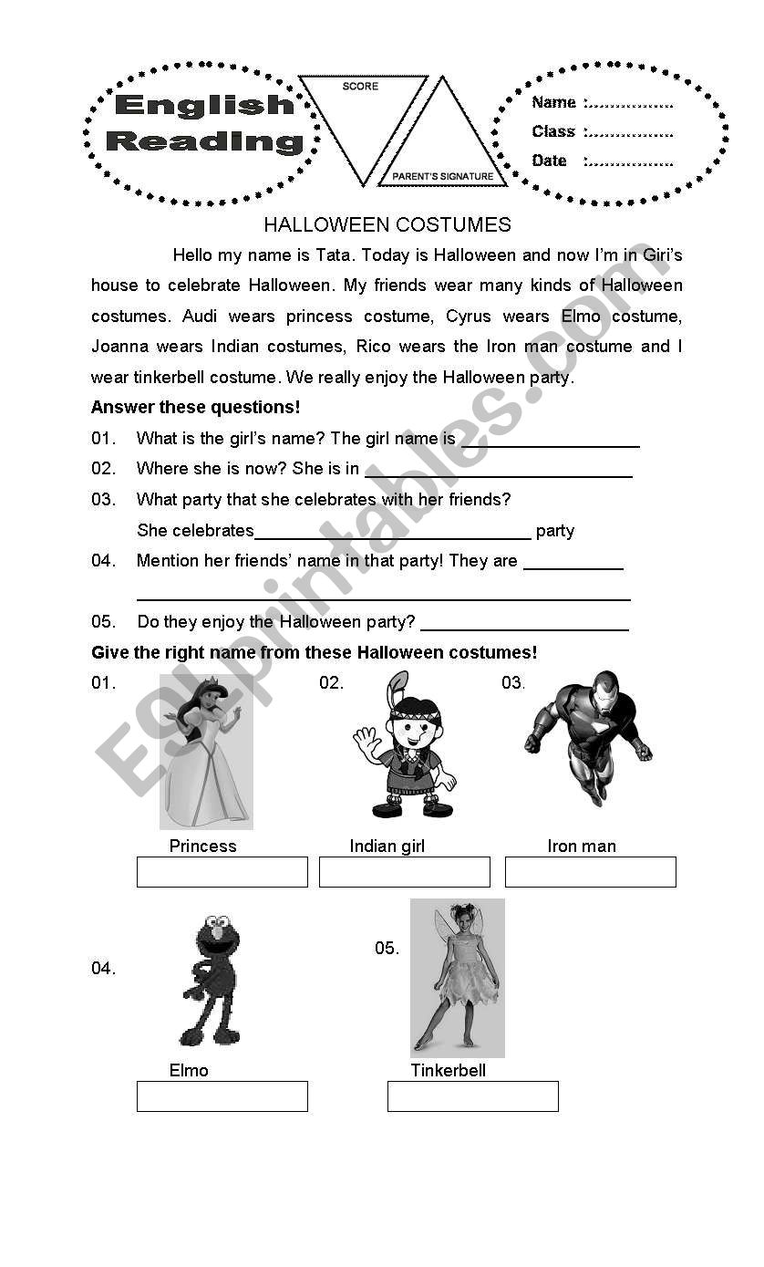 hallowen costumes worksheet