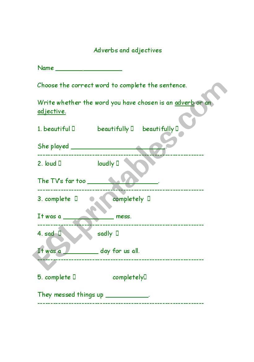 Adverbs and Adjectives worksheet