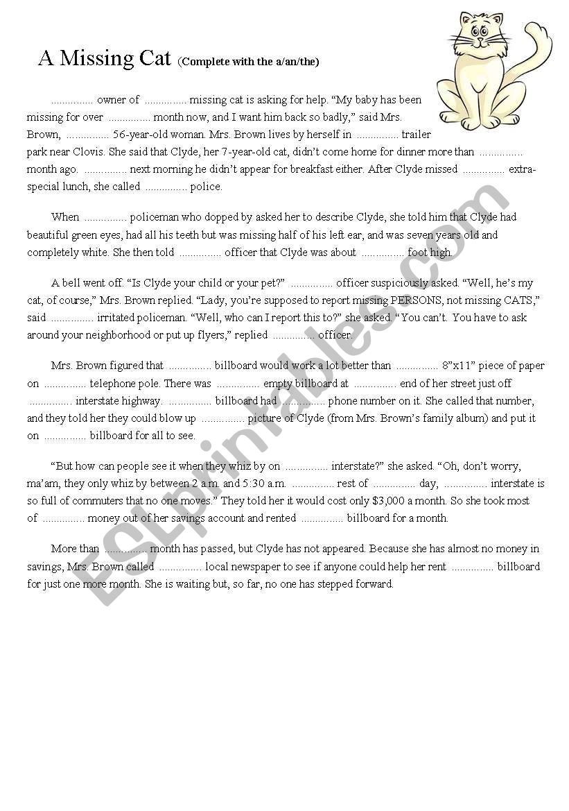 Articles: fill in the text with articles a, an and the.