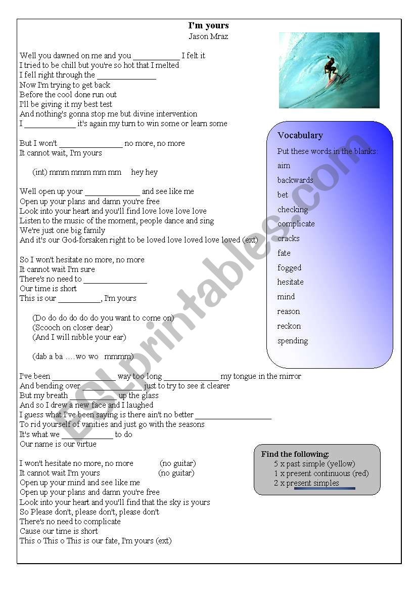 Song worksheet: IÂ´m yours by Jason Mraz