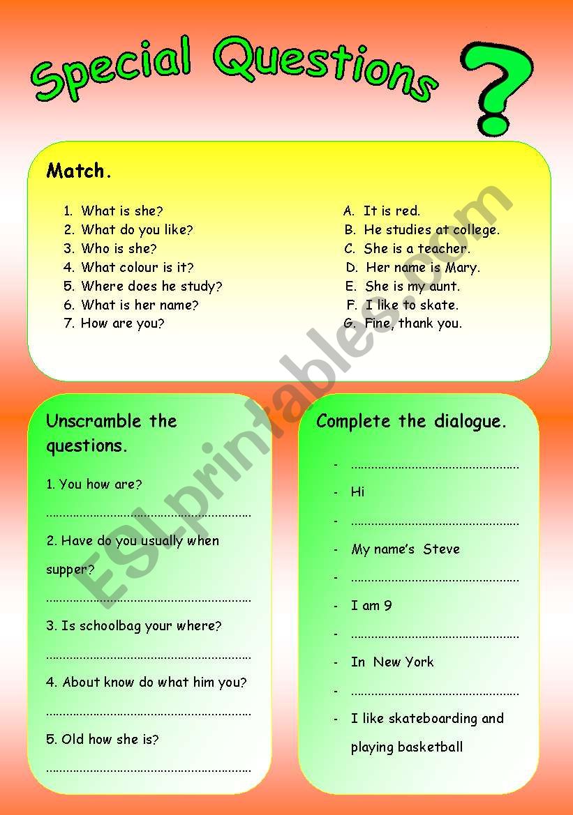 Special questions worksheet