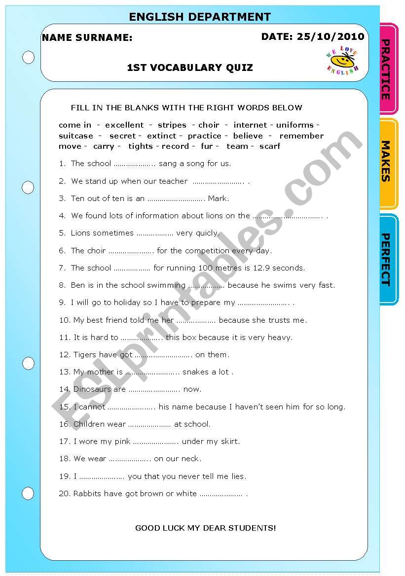 VOCABULARY QUIZ worksheet