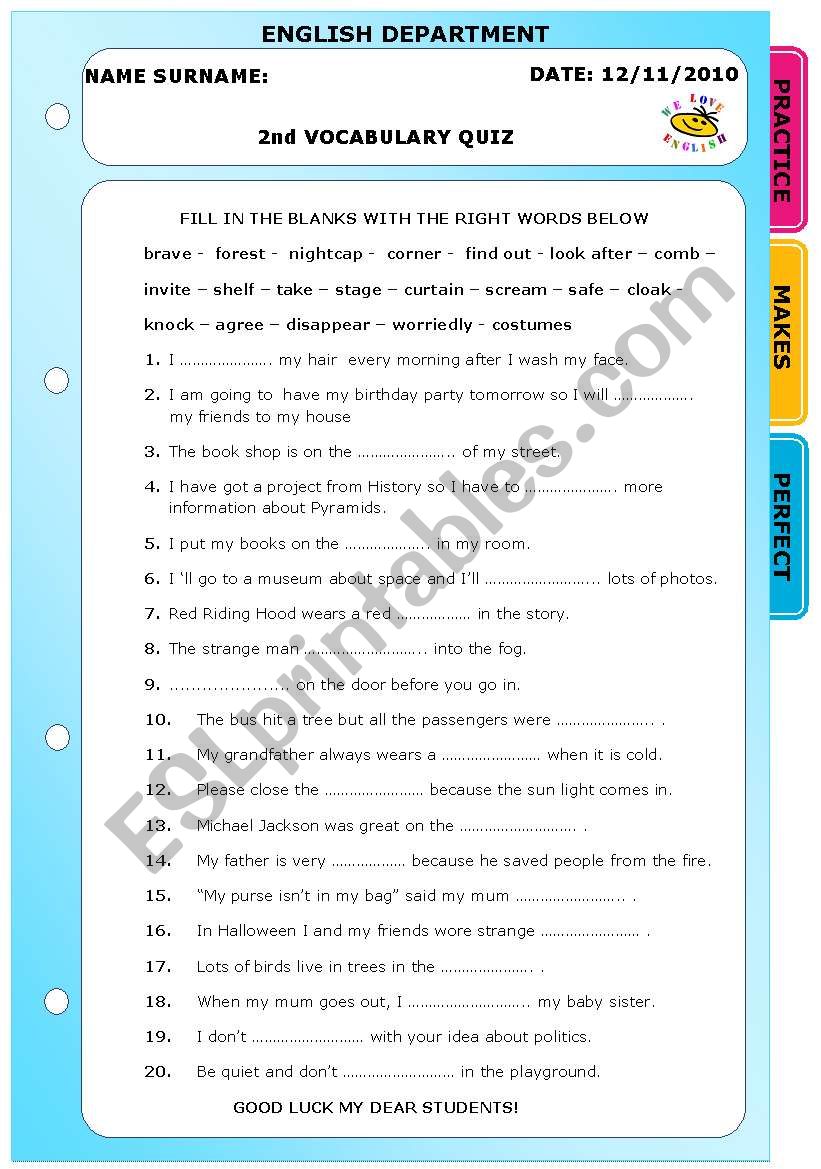 VOCABULARY QUIZ 2 worksheet