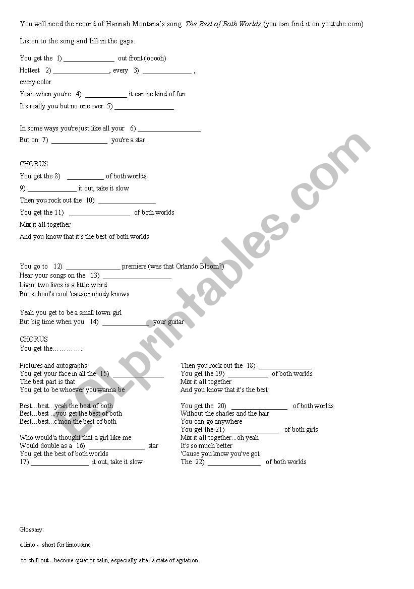 English Worksheets Hannah Montana S The Best Of Both Worlds Song English Worksheets Hannah Montana S The Best Of Both Worlds Song