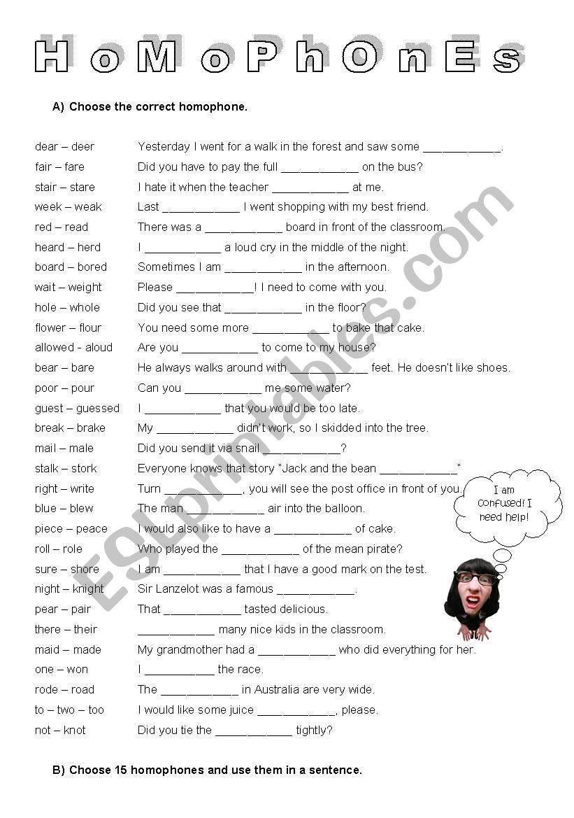 Homophones worksheet