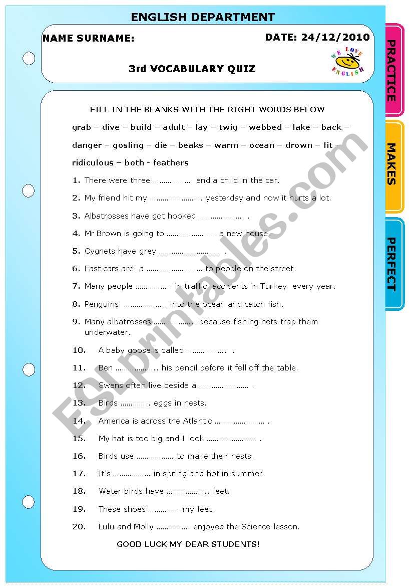 VOCABULARY QUIZ 3 worksheet