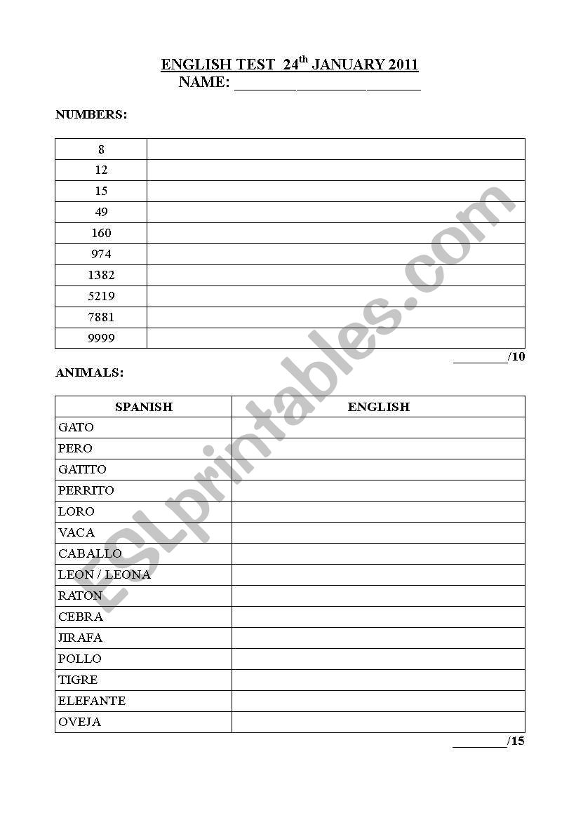 English Test worksheet