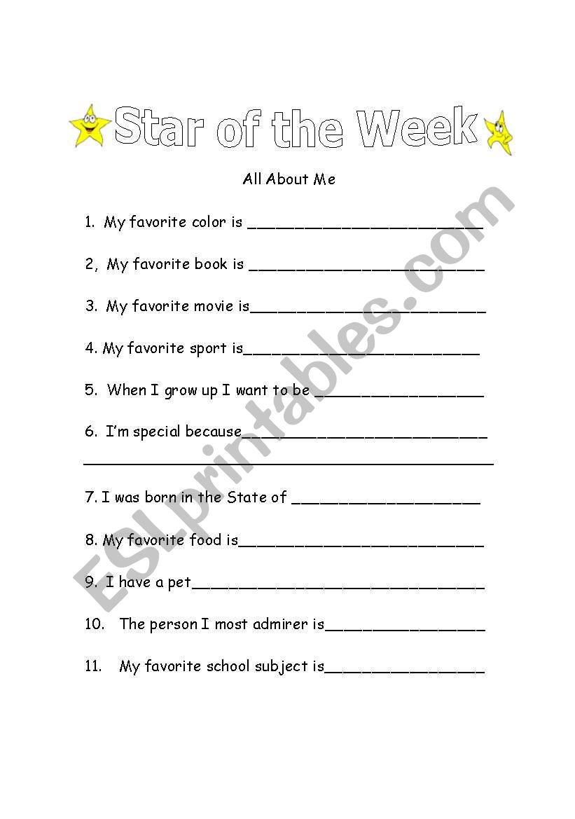 Star of the week form worksheet