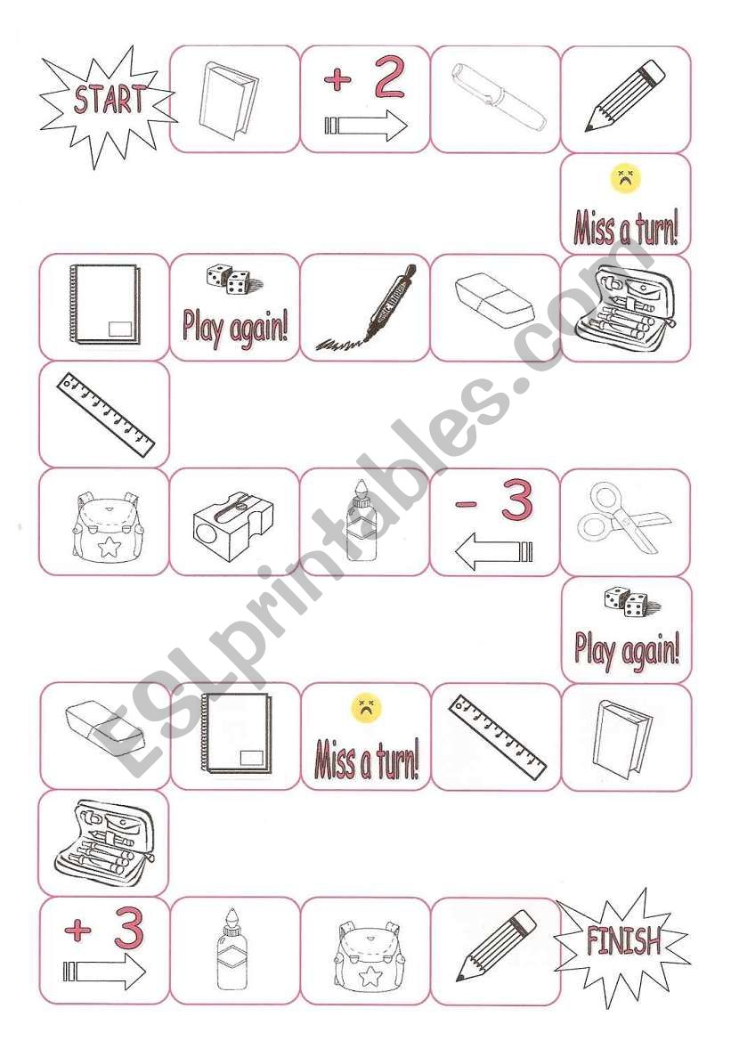 School objects board game worksheet