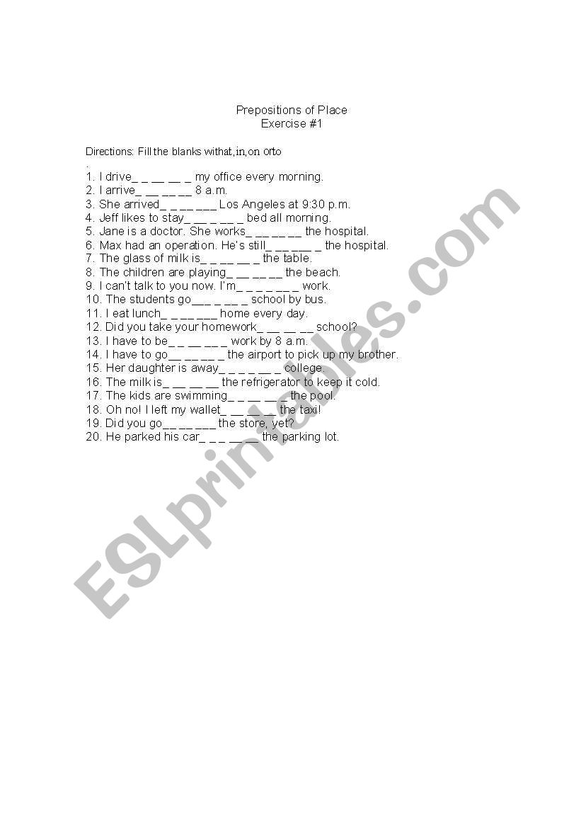 Preposition of place worksheet