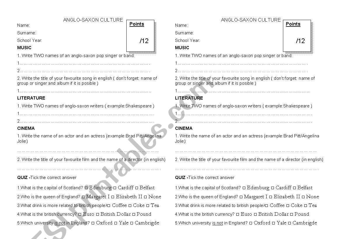 Anglo-Saxon Knowledge Test worksheet