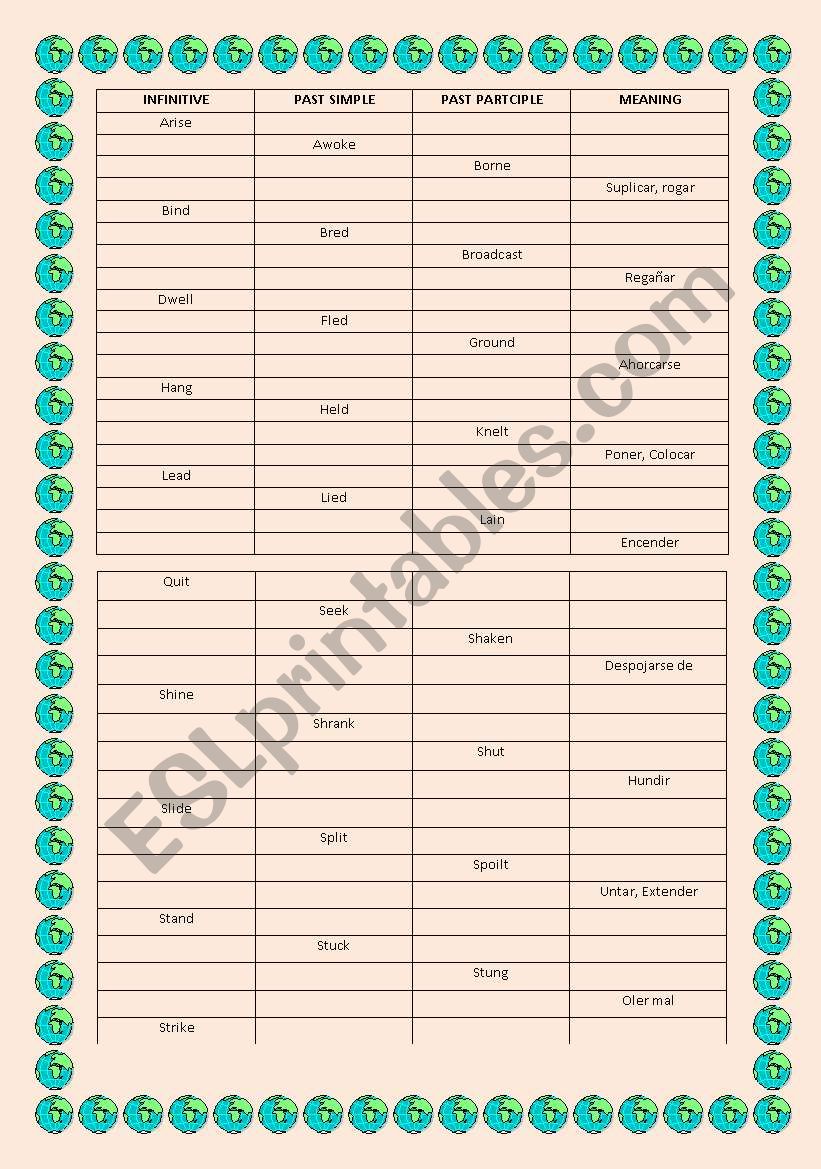 Irregular verbs test worksheet