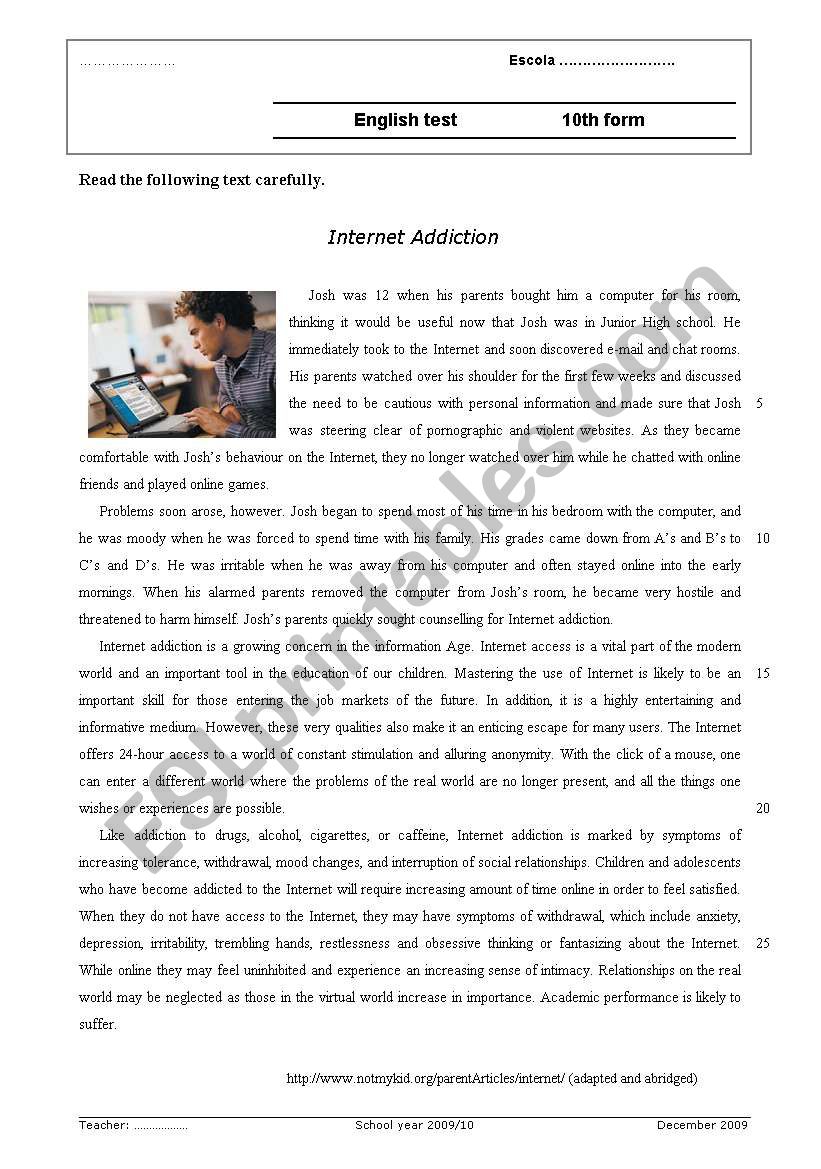 Internet addiction worksheet