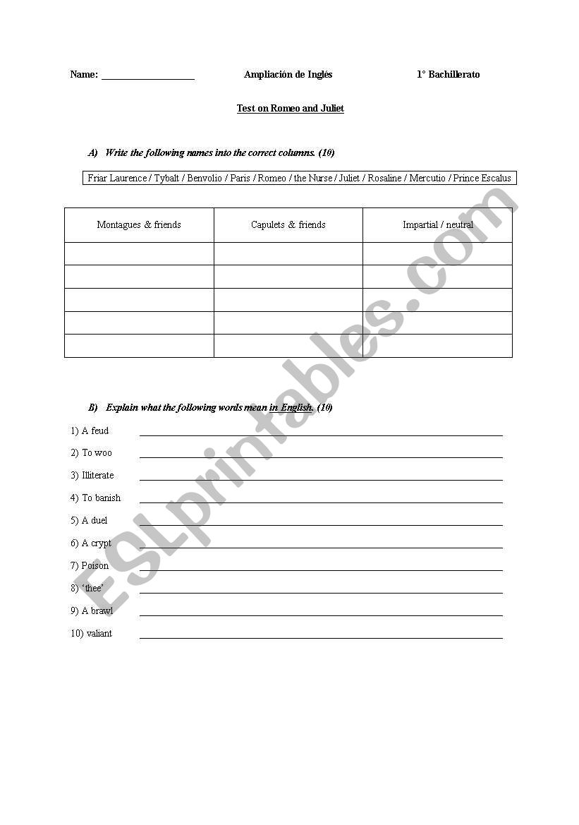 Romeo and Juliet comprehension test