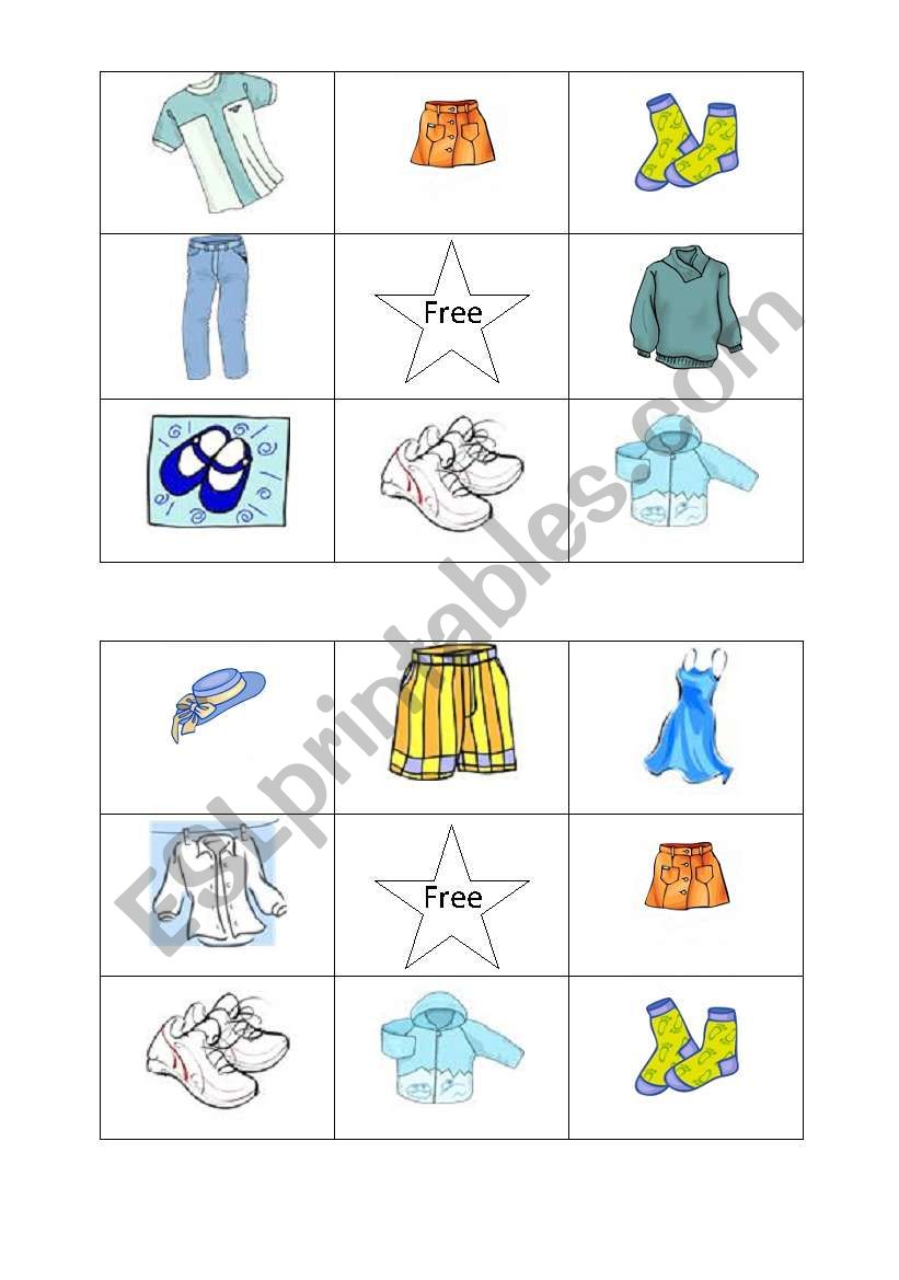 Bingo Cards (Clothes) worksheet