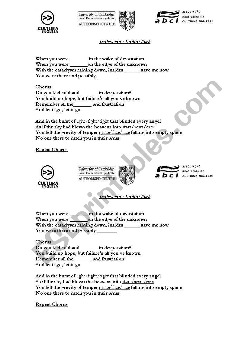 Song Linkin Park worksheet