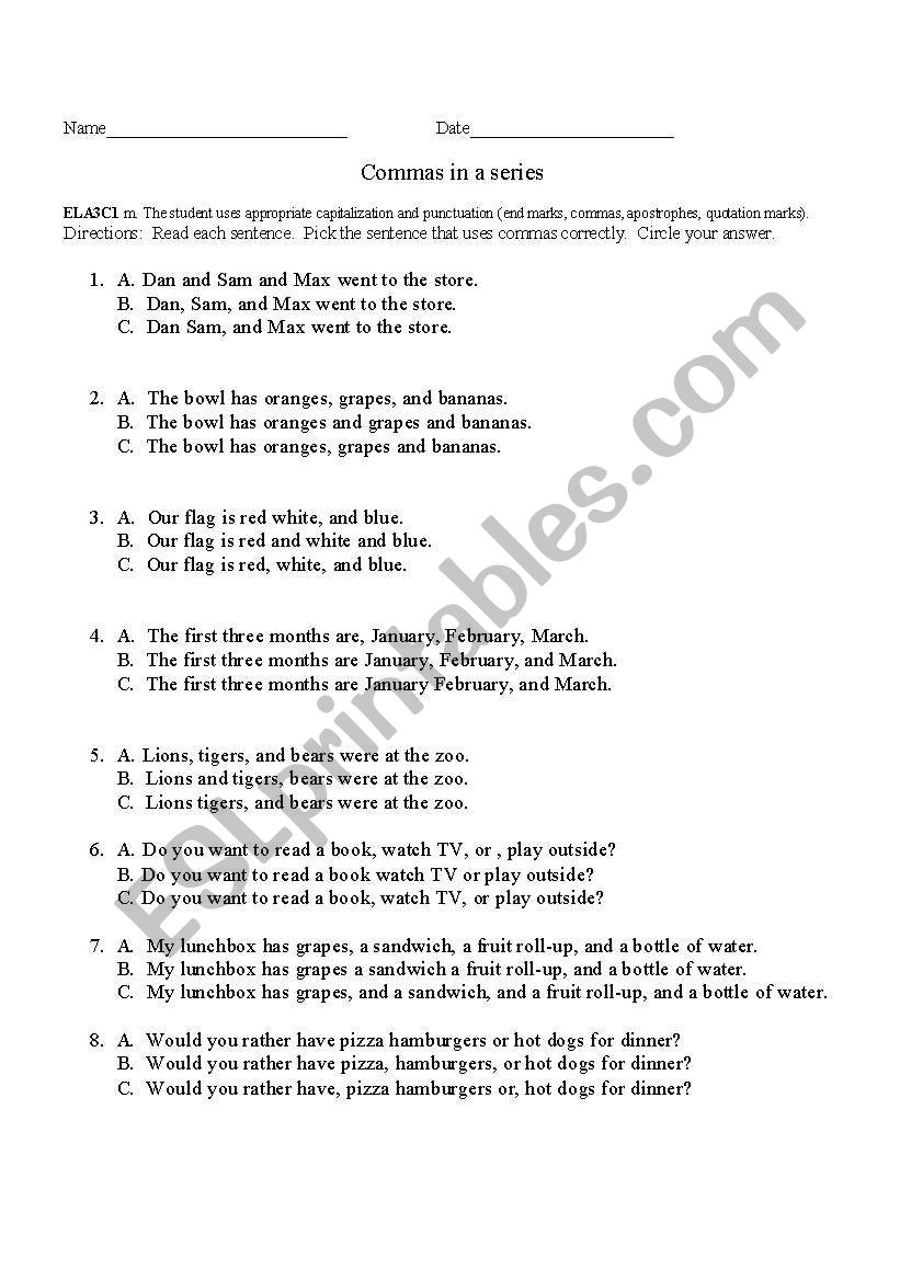 Using Commas in a Series worksheet