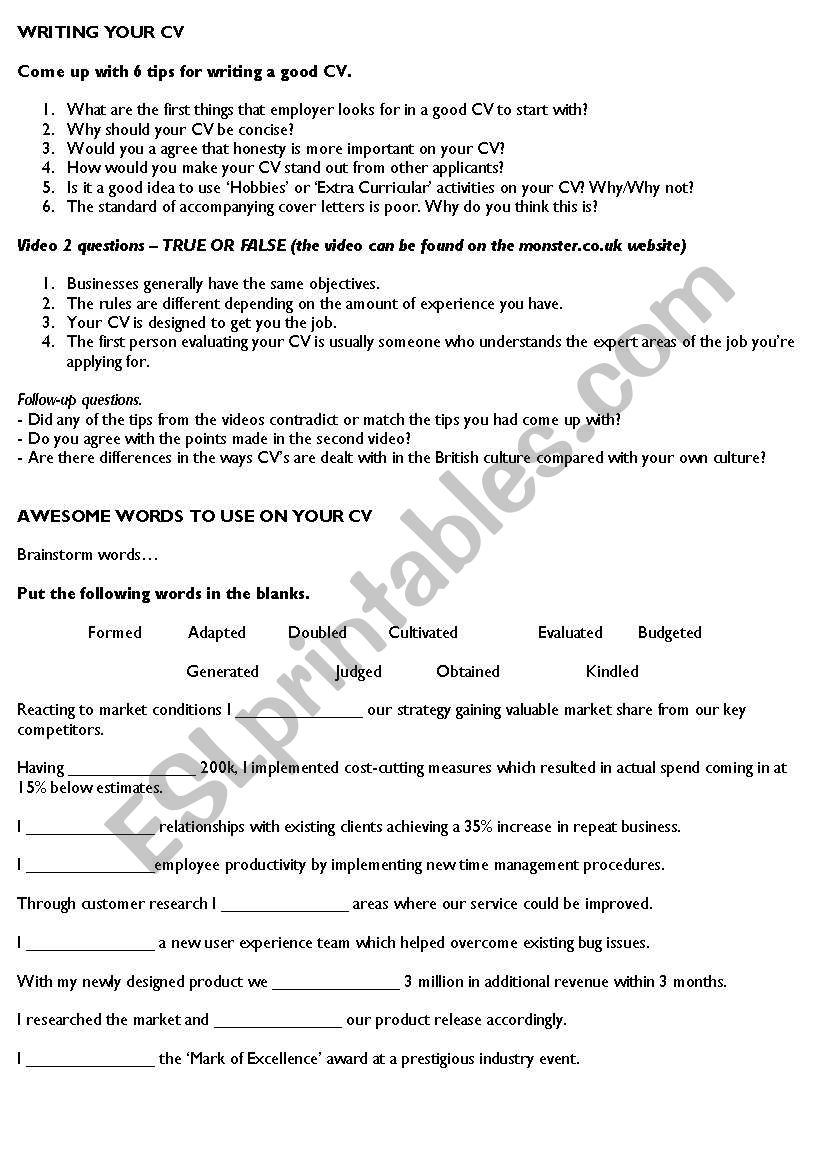 CV Business conversation (based on monster.co.uk CV tips section)