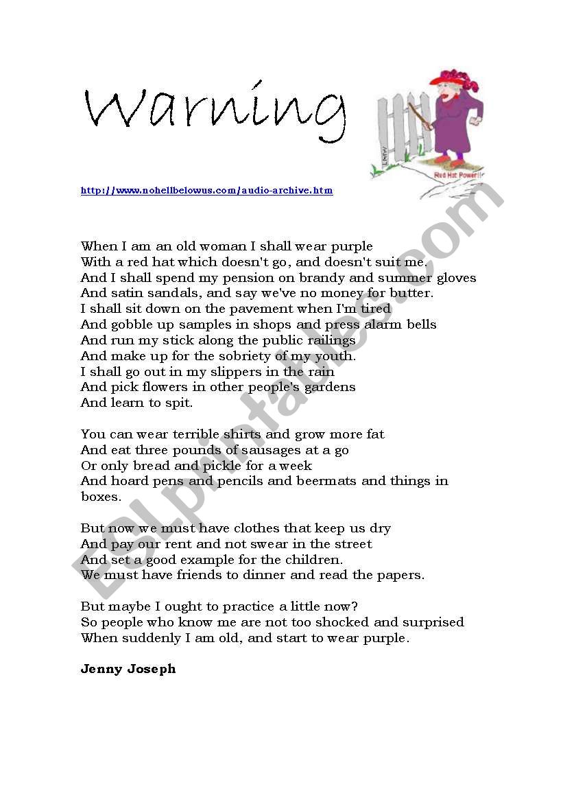 Warning, by Jenny Joseph worksheet