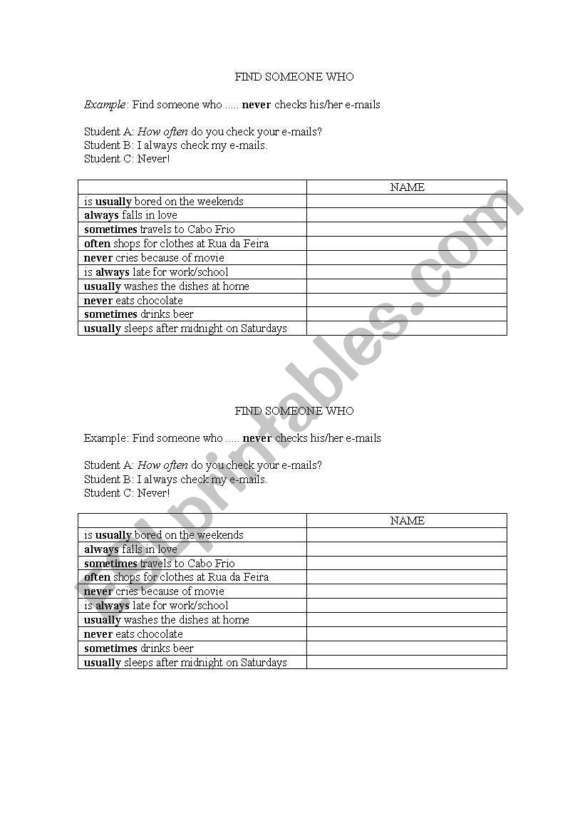 How often ... game worksheet