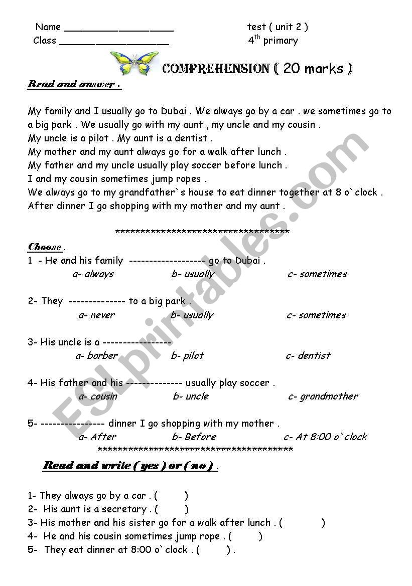 Comprehension exam worksheet