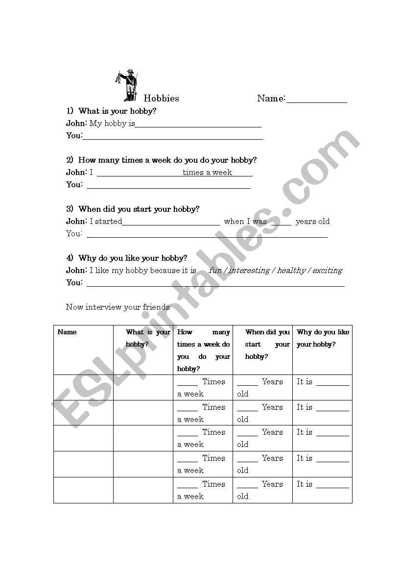 hobbies worksheet