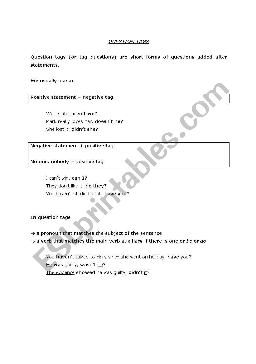 Question tags + short answers worksheet