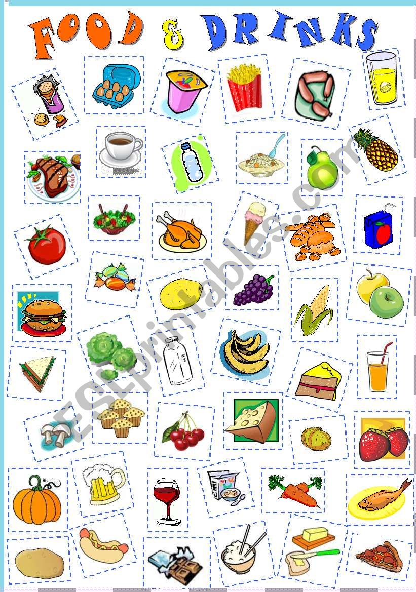 FOOD AND DRINKS -CUT & PASTE- vocabulary revision for kids