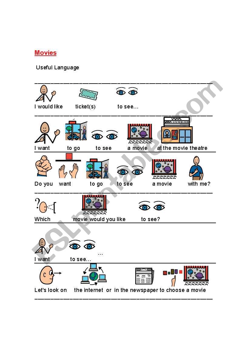 Movies. Ilustrated sentences worksheet