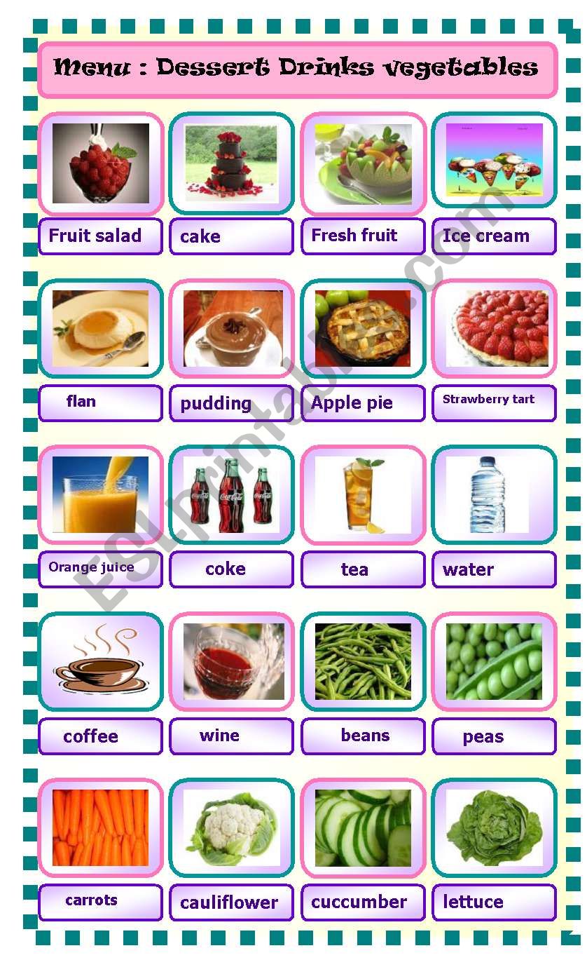 menu part 1 drinks dessert vegetables